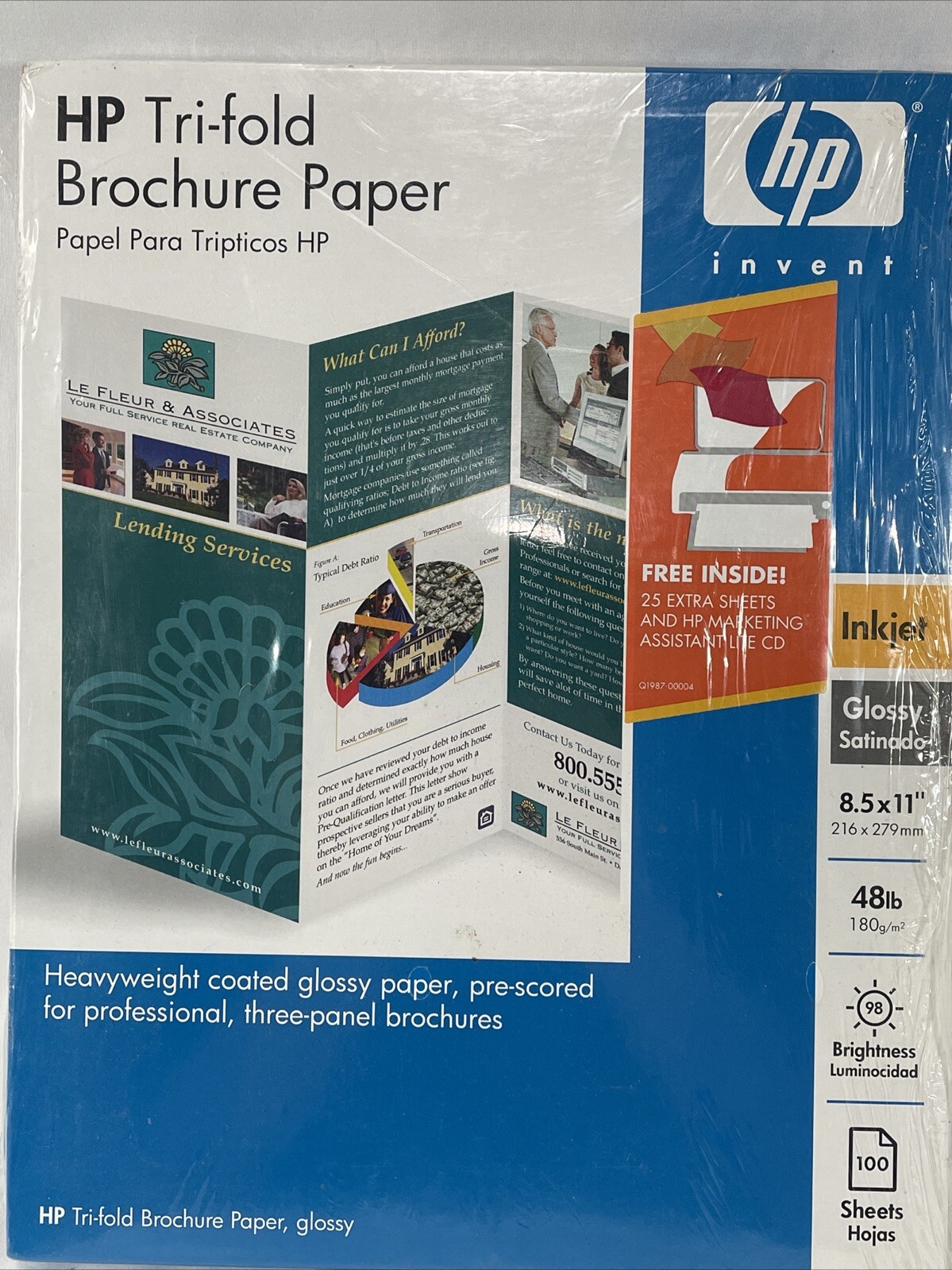 HP C7020A Inkjet Tri-Fold Brochure Paper Gloss 100 Sheets 8.5”x11” New