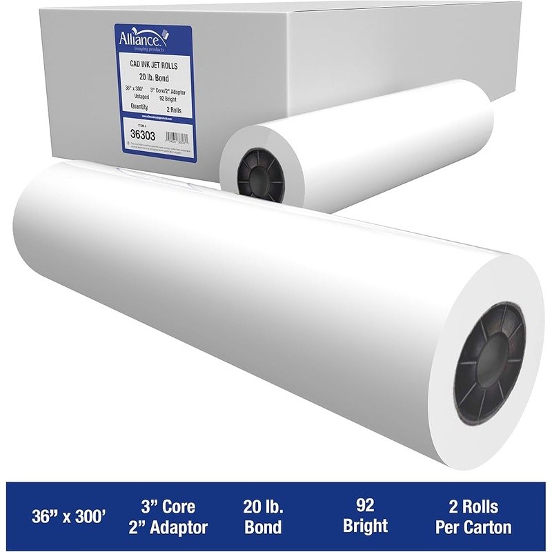 High Quality Bond Paper Rolls Laser Printer & CAD Inkjet 36″x300′ Uncoated New