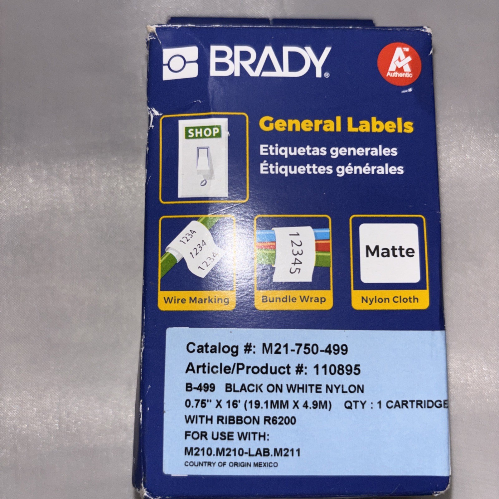 Brady General Labels, Catalog # M21-500-499. Black On White Nylon,