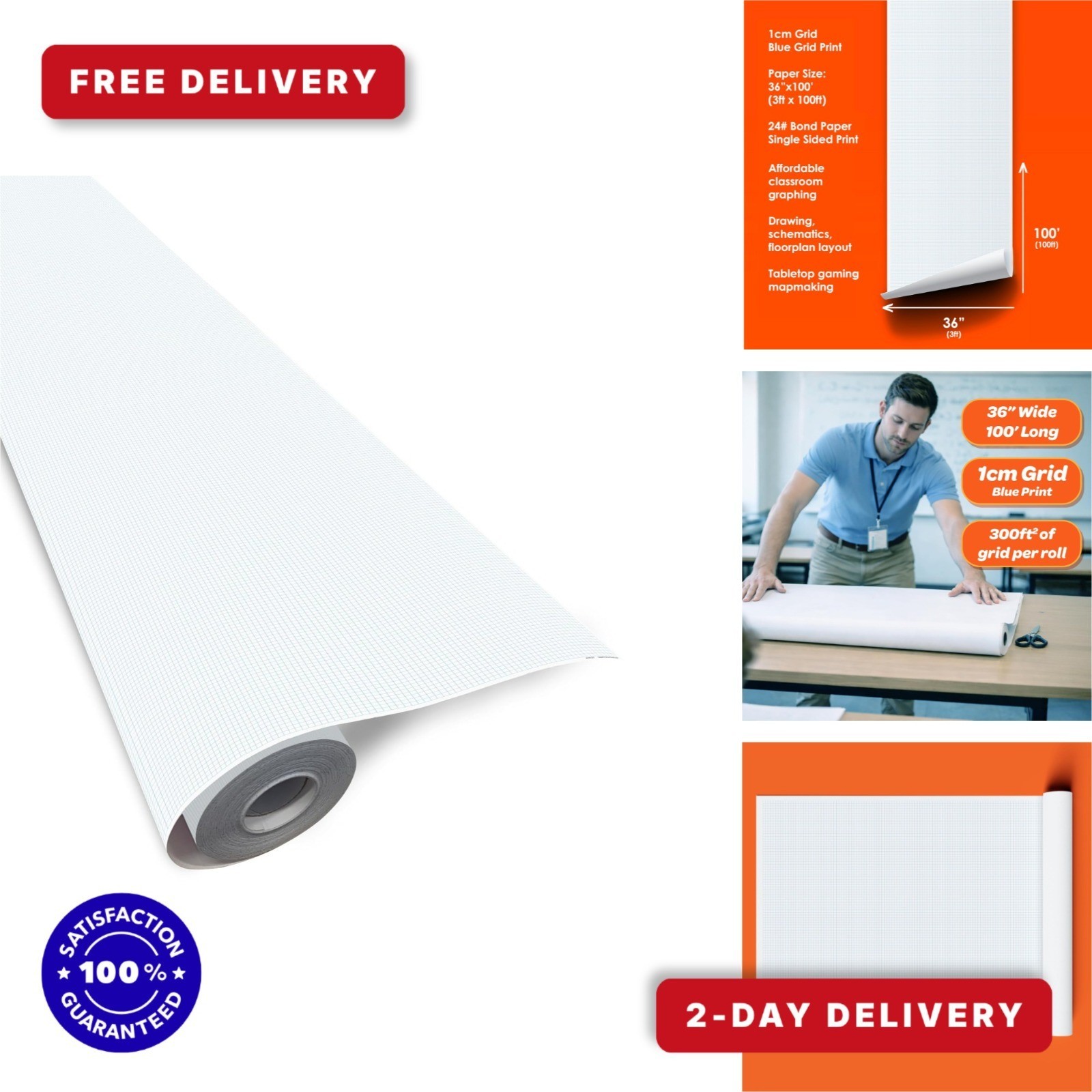 Geyer Instructional 1cm Graph Paper Roll – 36″ x 100′ Blue Grid