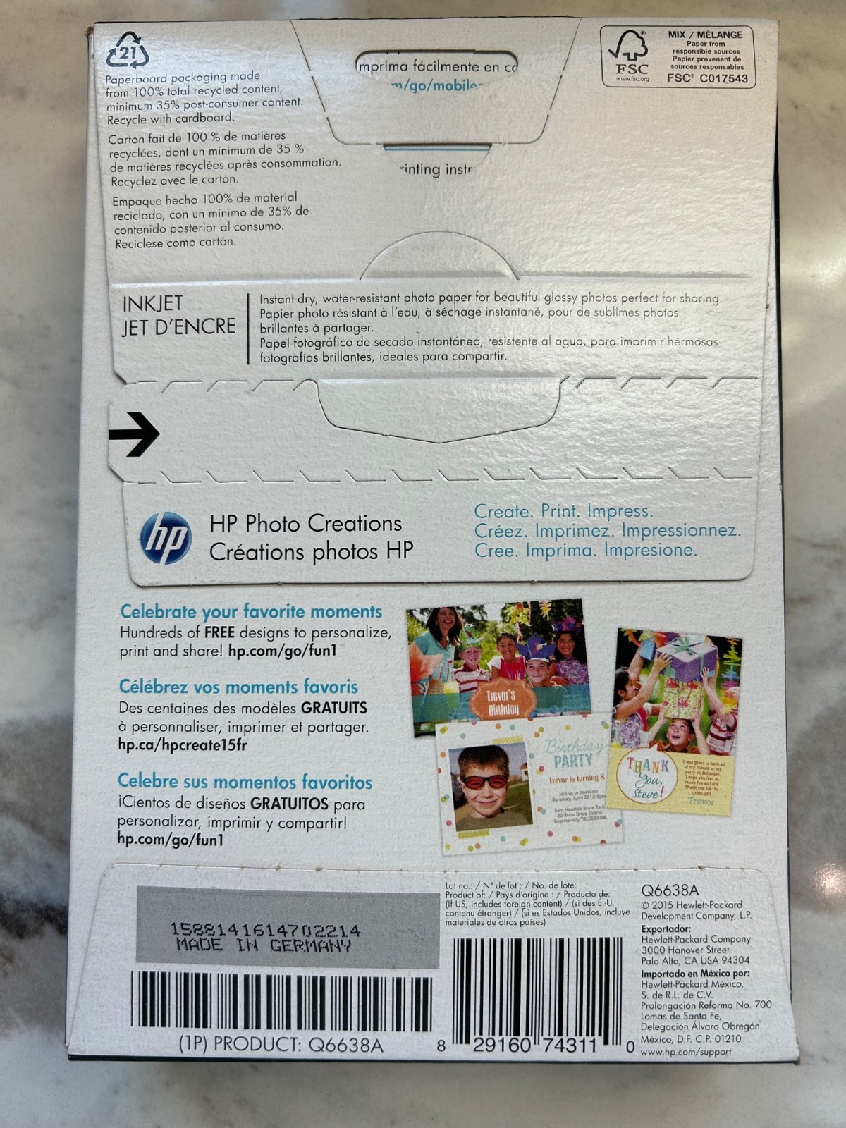 HP Advanced Photo Paper Glossy 4×6 100 Sheets Q6638A Inkjet White Value Pack