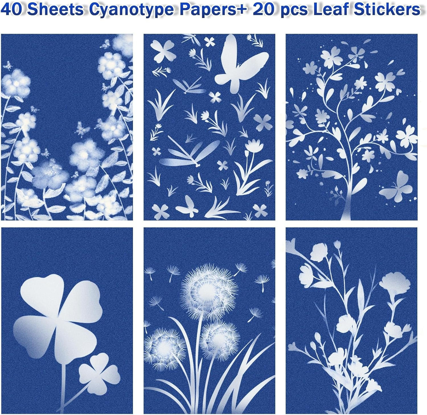 40 PCS Cyanotype Sun Print Kit, A5 Sensitive Solar Art Paper Kit with 20 Pcs Lea