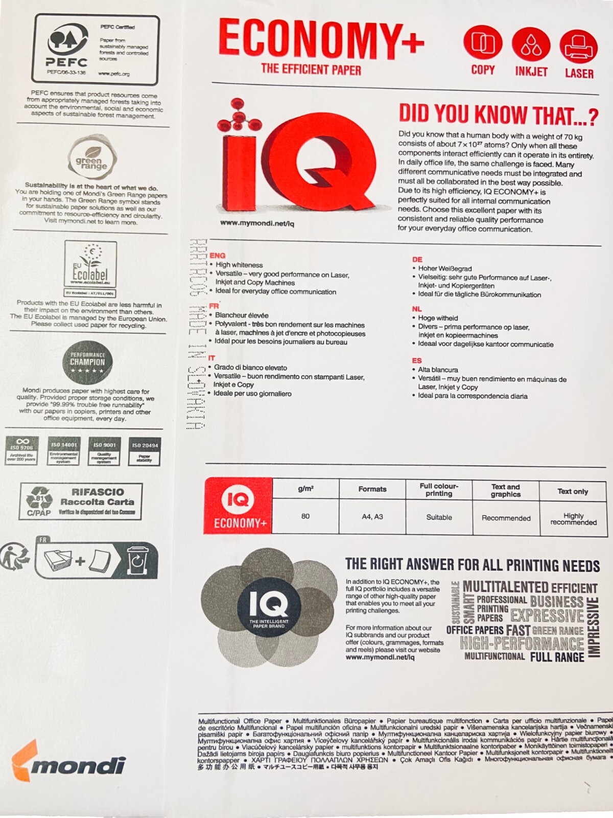 Mondi IQ Economy+ A4 paper, 80 GSM, one Ream of 500 sheets