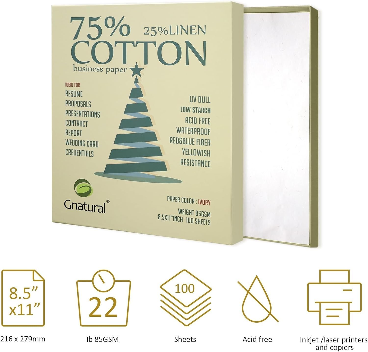 75% Cotton 25% Linen Business Paper Ivory 85gsm 8.5″W x 11″L Resume Paper