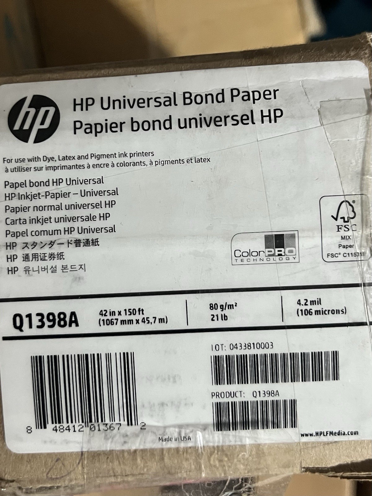 HP Q1398A DesignJet 42″ x 150′ Format Paper – NEW