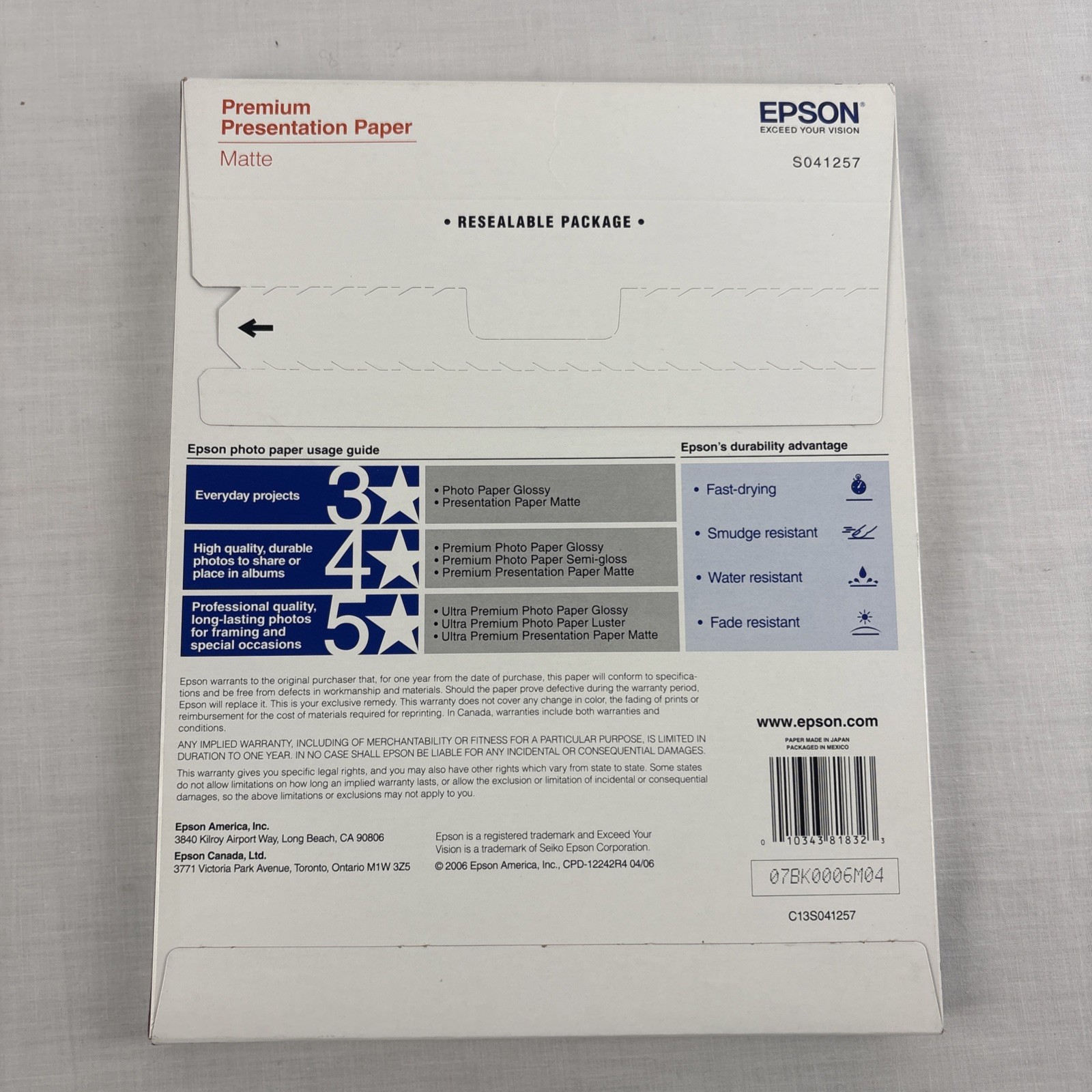 Epson Premium Presentation Paper Ink Jet Printer Paper Matte 8.5”x11” New Sealed