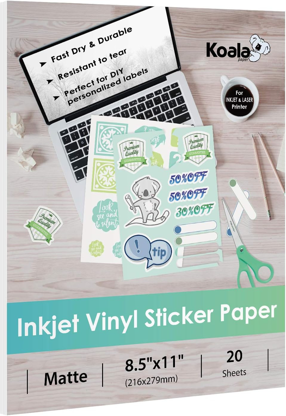 Printable Matte Vinyl Sticker Paper 50 Sheets 8.5X11 Inch for Inkjet Printers