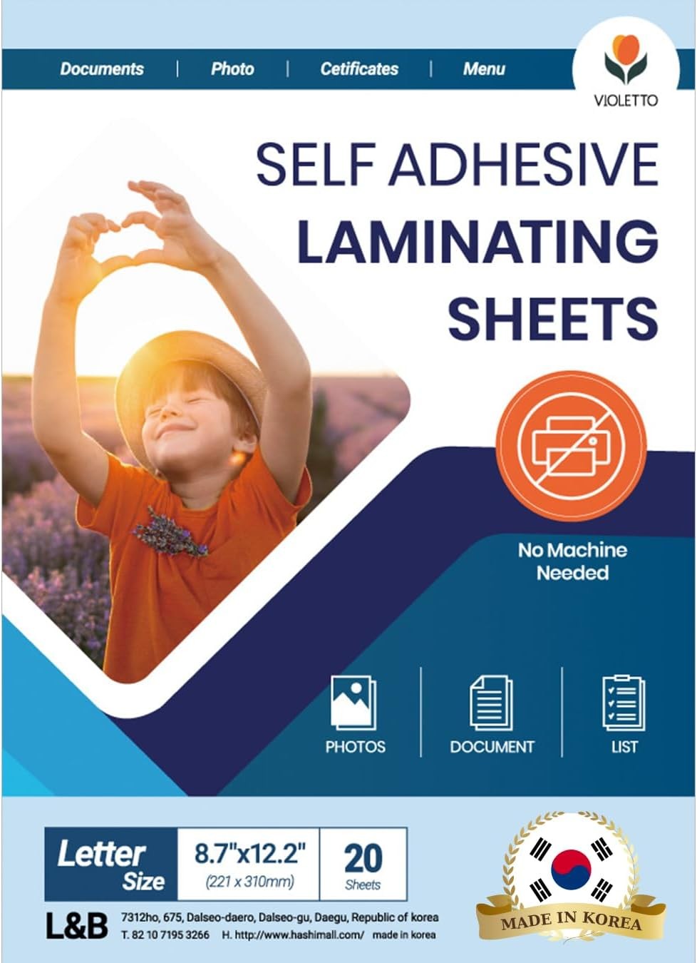 Self Stick Laminating Sheets 8.7 x 12.2 Inches, 4mil, Pack of 20, No Heat, No