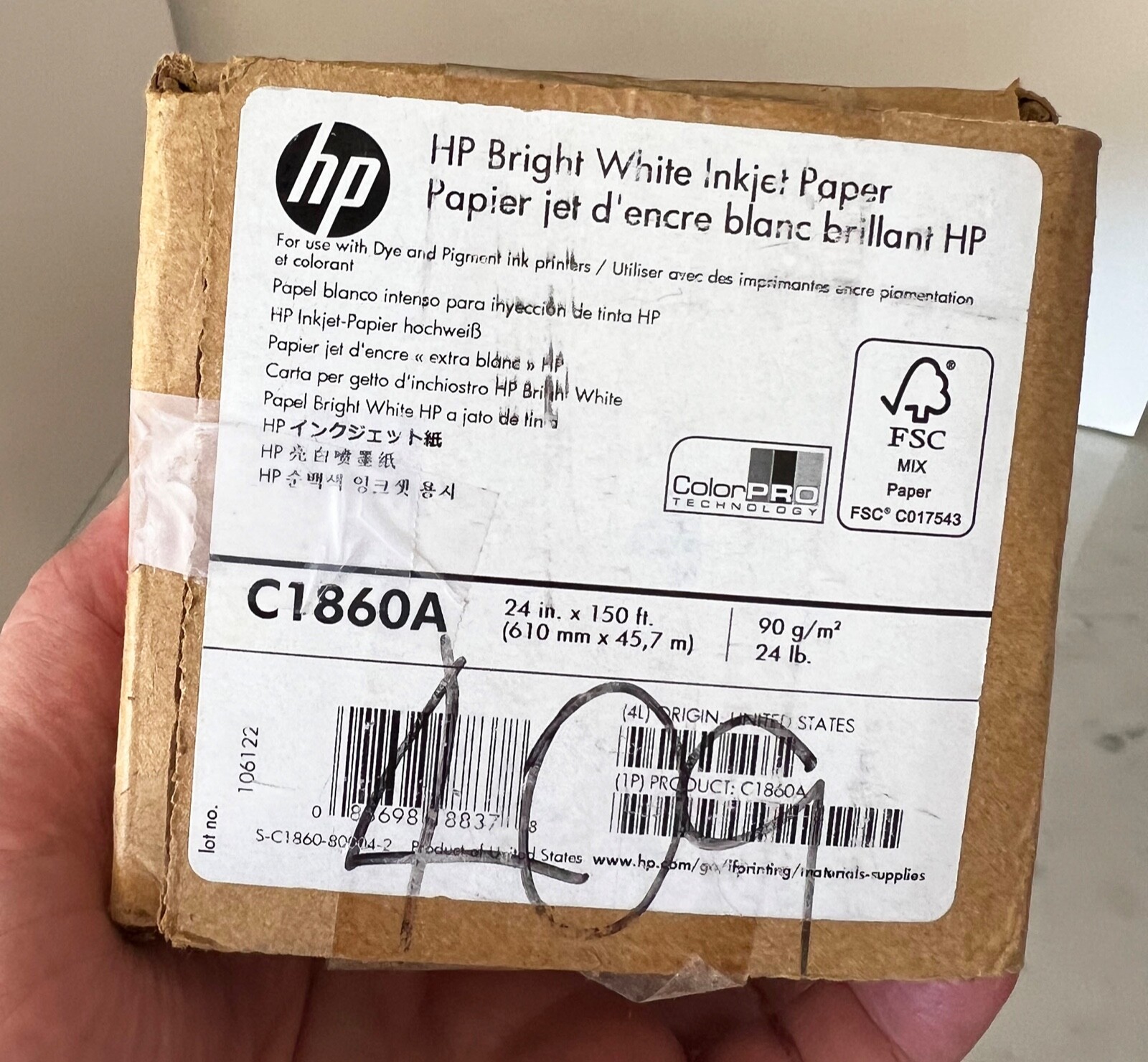 HP Bright White Inkjet Paper 24 Inches x 150 Feet Roll C1860A, NEW Genuine
