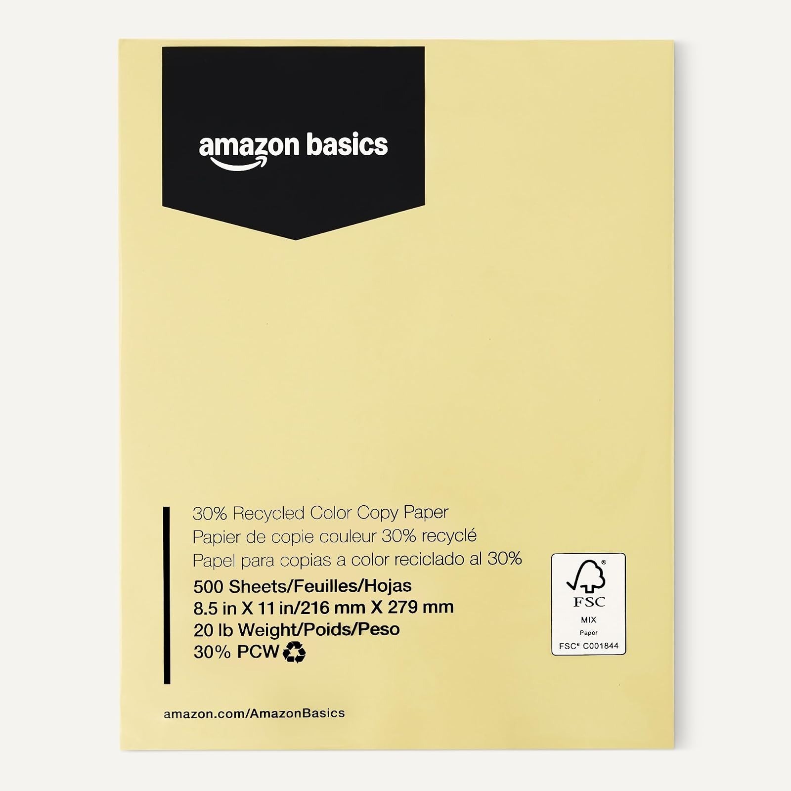 Amazon Basics 30% Recycled Color Copy Paper, 8.5″ x 11″, Pastel Canary