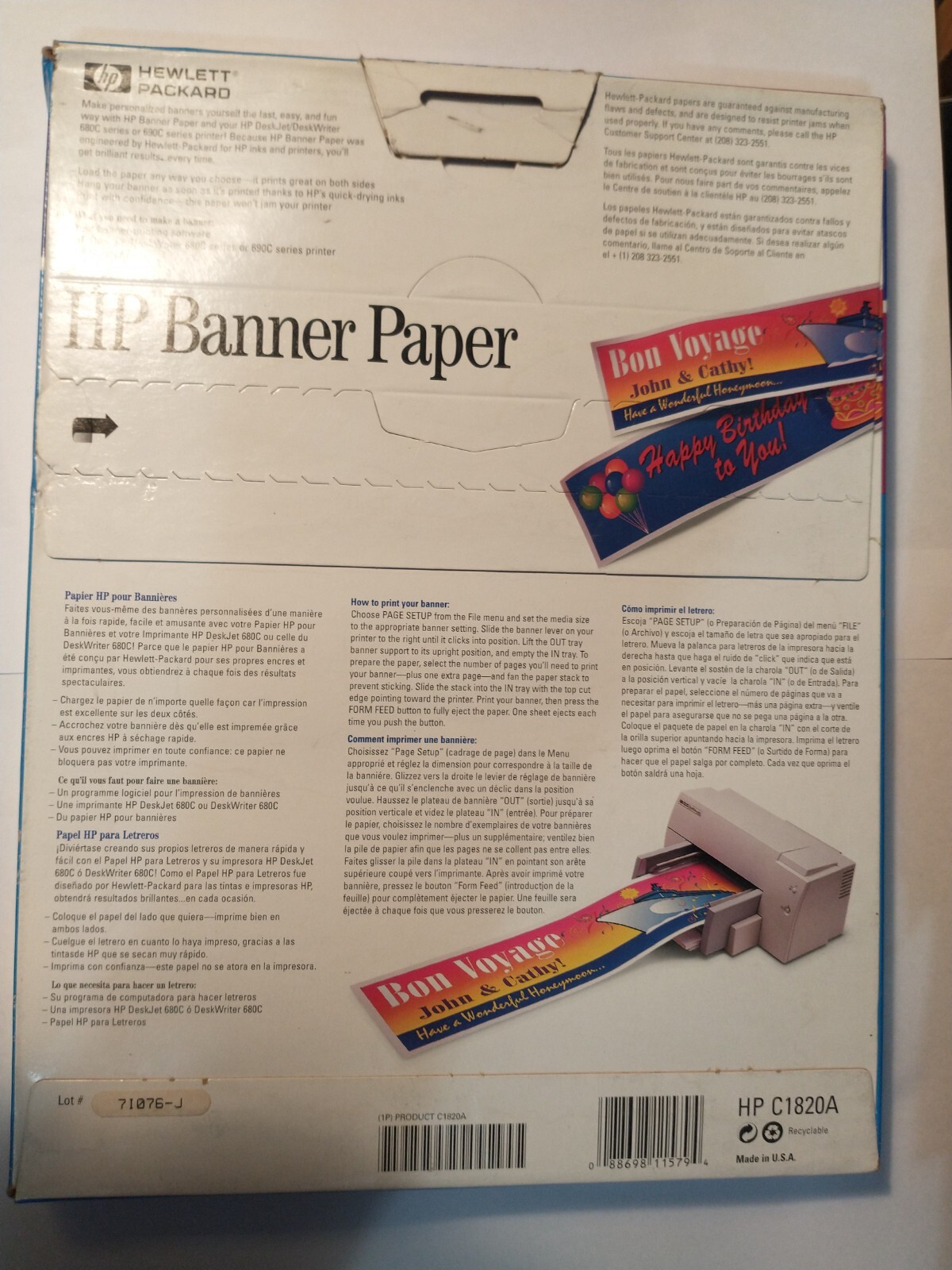 HP BANNER PAPER, For 680C/690C Printers, Makes Up To Fifteen 5’ Banners, NOS