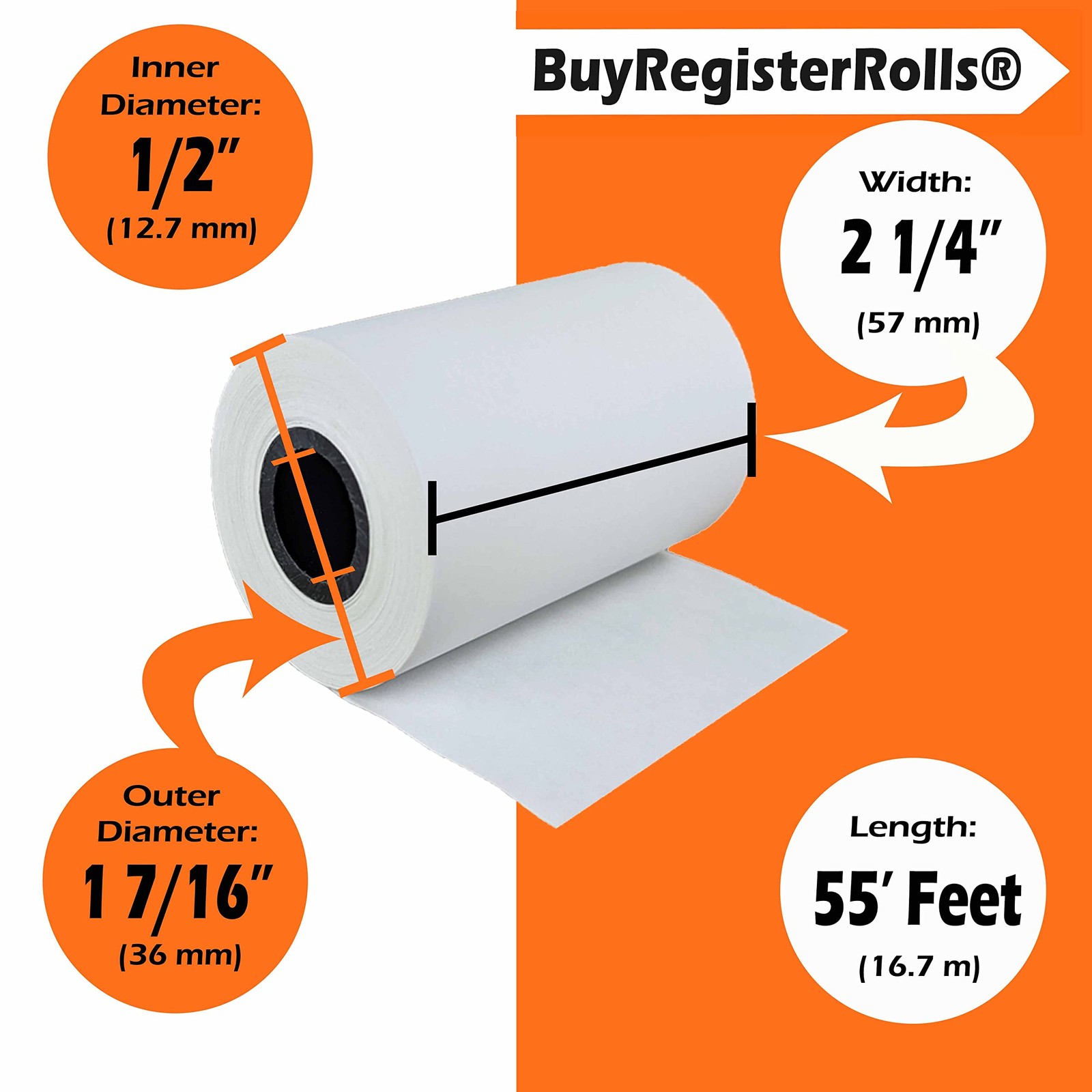 Receipt Paper Roll for Square Terminal Credit Card Machine 2 1/4 x 55 white