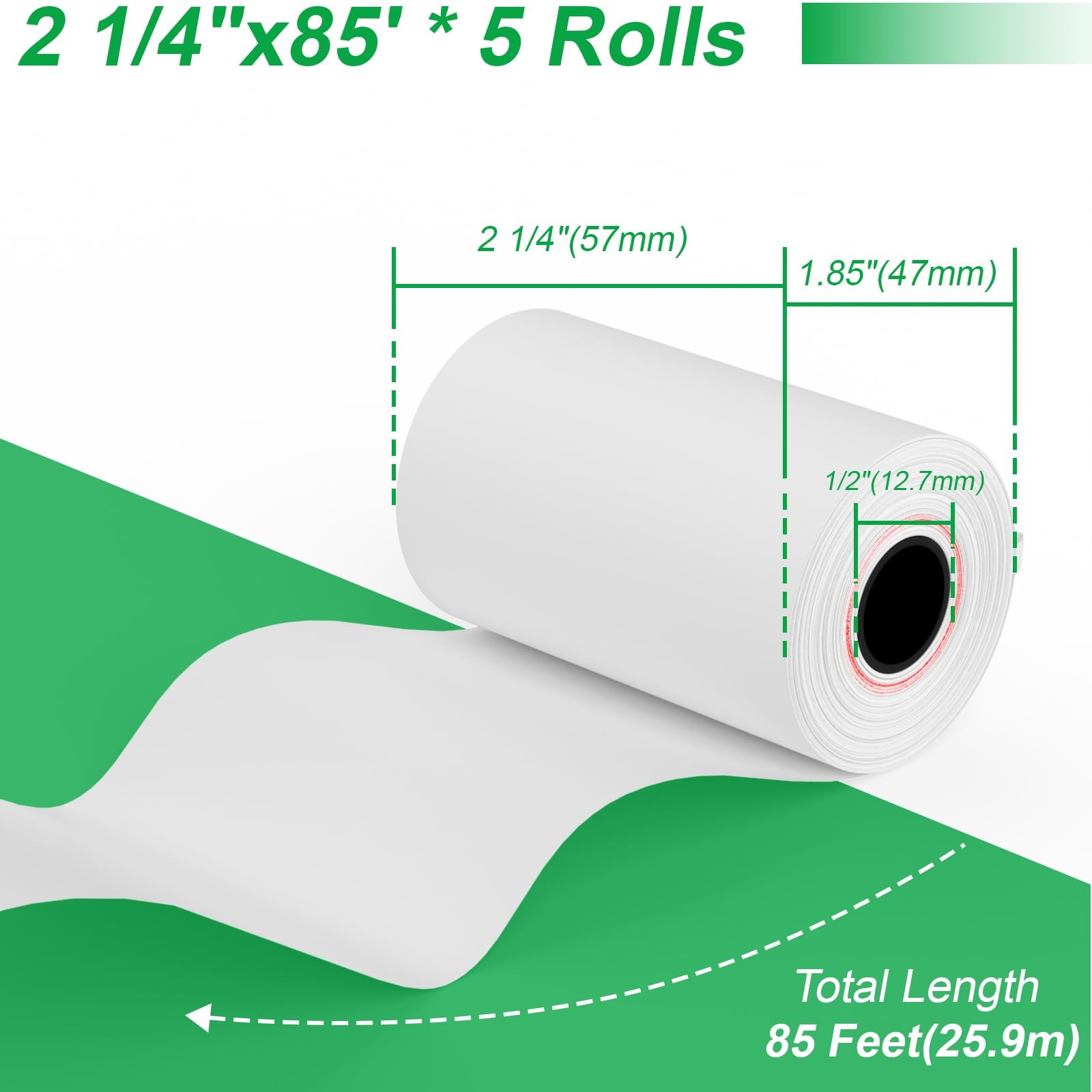 2 1/4 x 85 Thermal Paper Rolls, 5 Rolls 2.25 x 85 ft 2 1/4″ x 85′, white