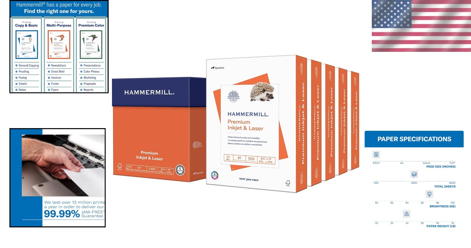 JAM-FREE Printer Paper, 2500 Sheets, 24 lb, 97 Brightness – Made in USA