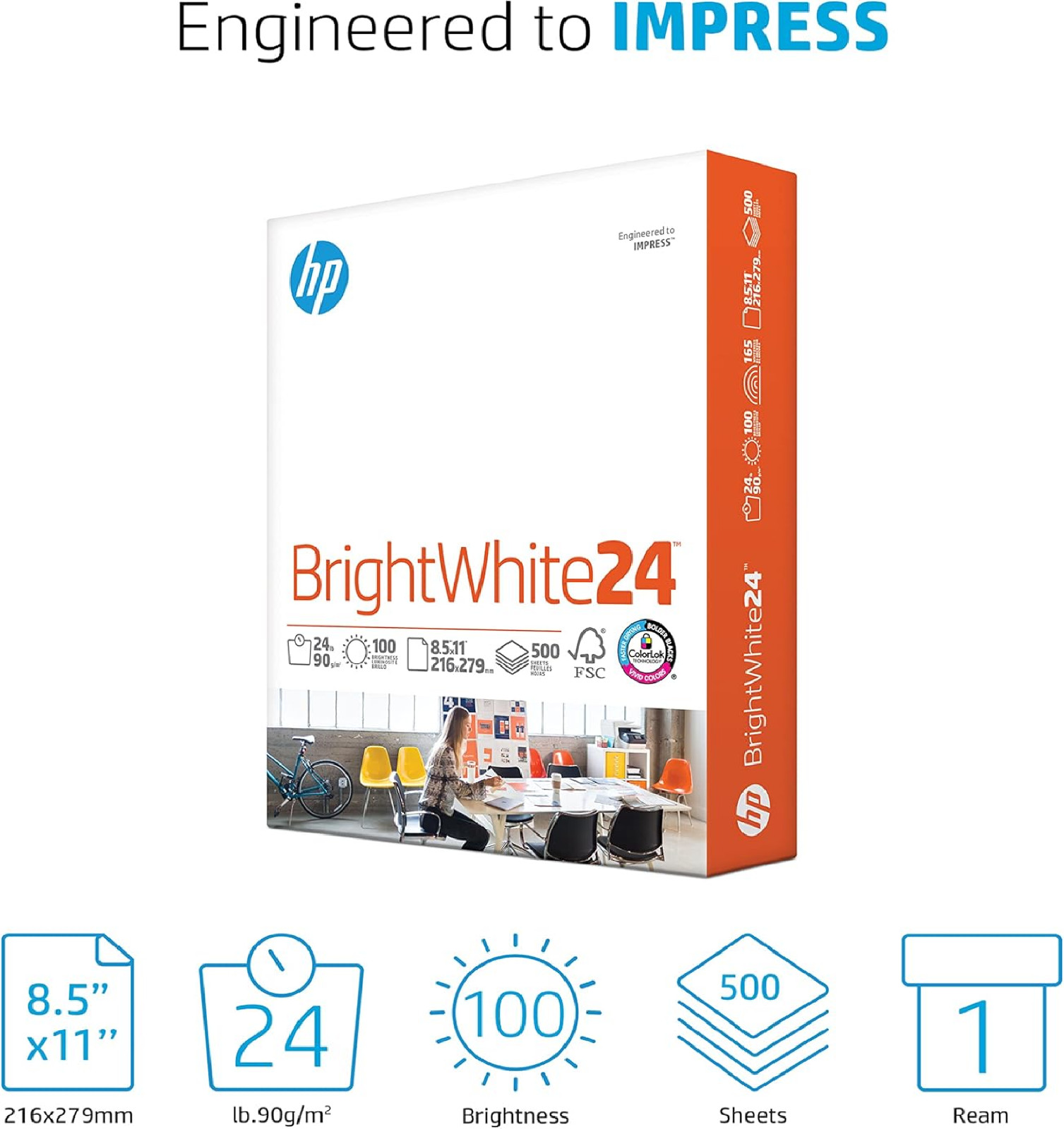 HP BrightWhite24 8.5″ x 11″ Inkjet Paper 24 lbs. 100 Brightness 500 Sheets/Ream