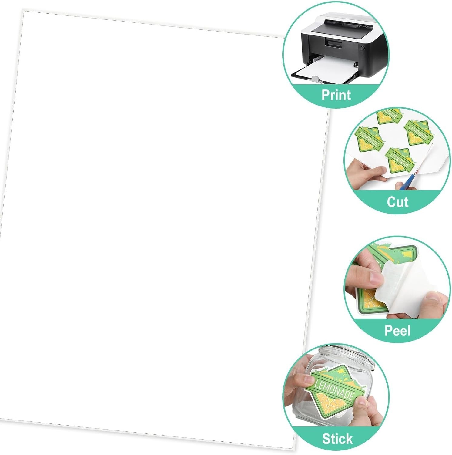 30 Sheets Printable Sticker Paper – White Matte Full Sheet Labels 8.5 x11 Inkjet