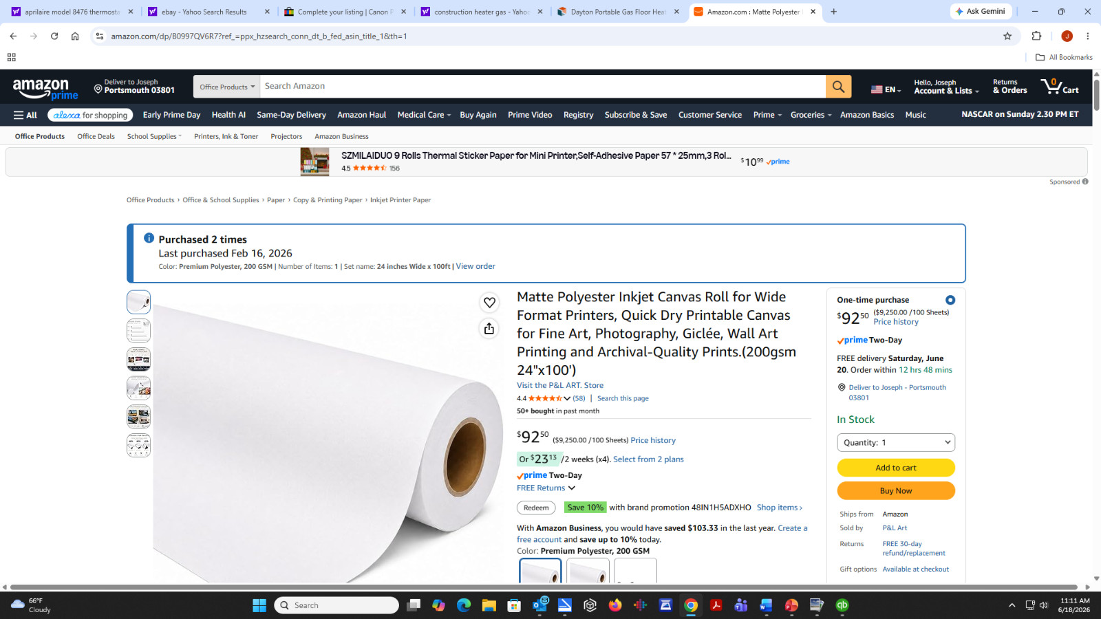 Premium polyester matte printer paper 24″ x 100′ 2″ core