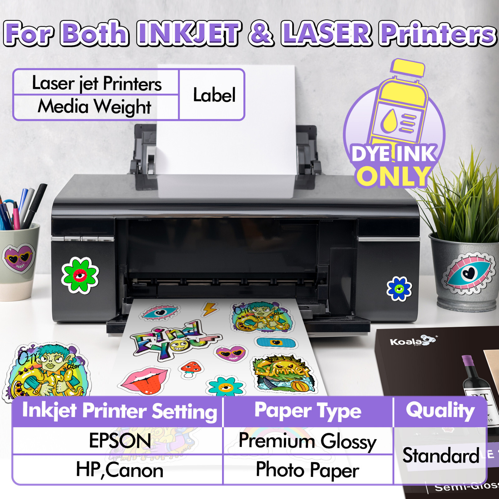 Lot 20-120 Koala Sticker Paper for Inkjet & Laser Glossy Adhesive Photo Paper