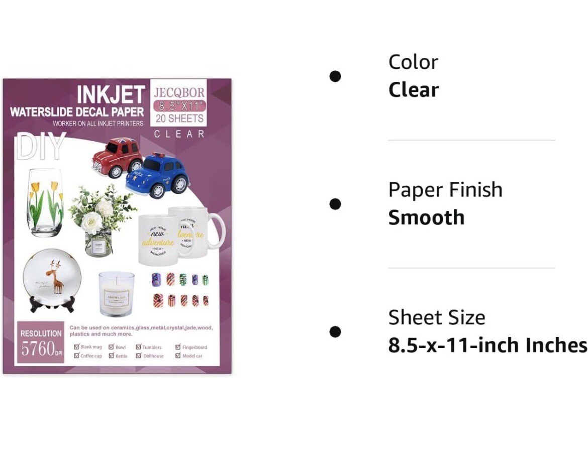 Waterslide Decal Paper Inkjet CLEAR 20 Sheets 8.5×11 Water Slide Transfer Paper