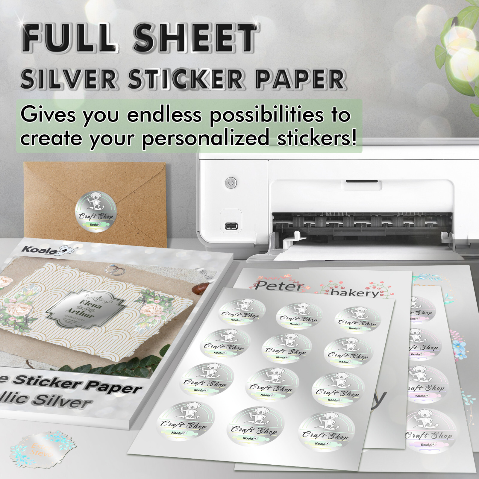 Koala Printable Sticker Paper for Inkjet & Laser Printer, Metallic Silver Glossy