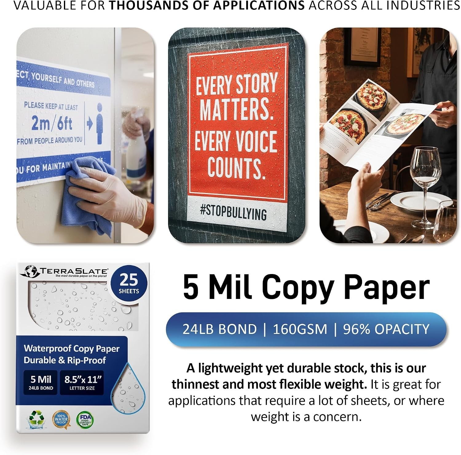Durable Waterproof Paper for Laser Printers, 25 Sheets, Rip-Proof & Bright White