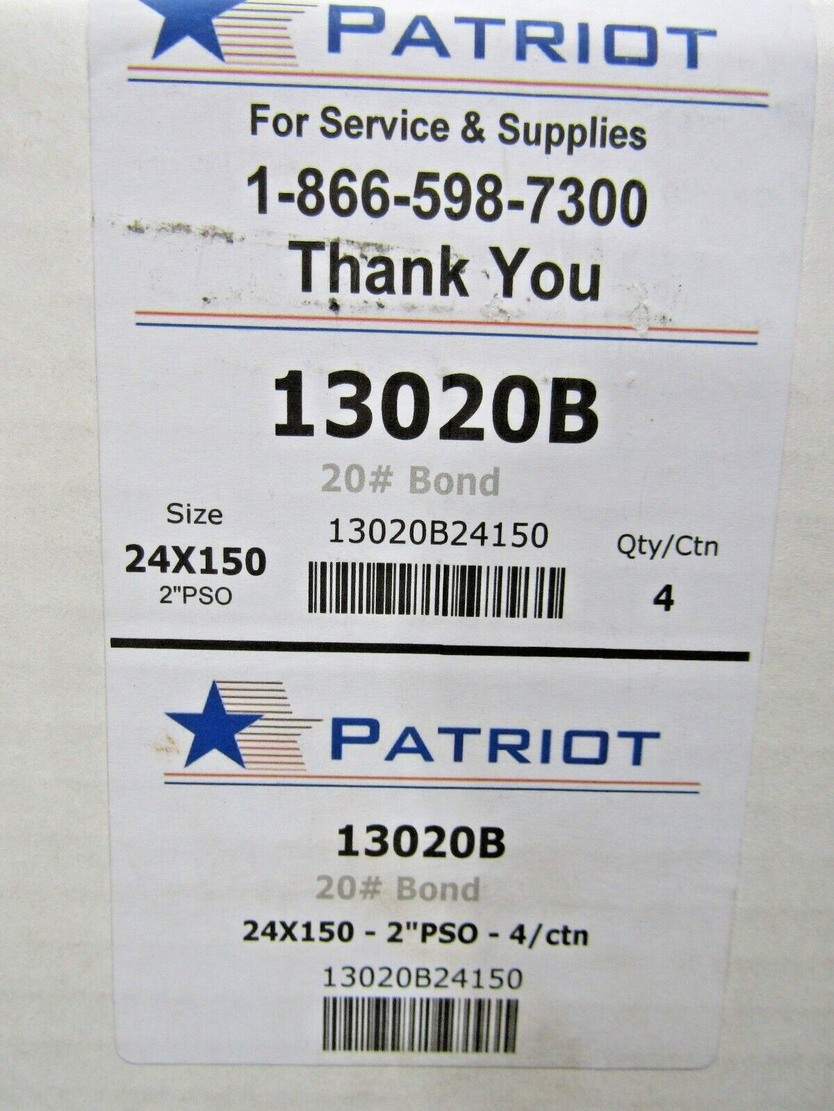 🔥4) NEW PATRIOT 20LB BOND 2″ PSO PRINTER PAPER 24″ X 150′ 4 ROLLS IN BOX 13020B