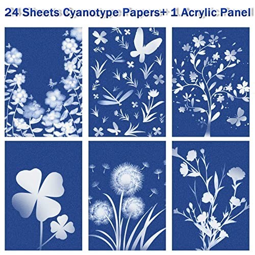 Sun Print Paper Kit 24 Sheets Cyanotype Paper Acrylic Board Solar Activated DIY