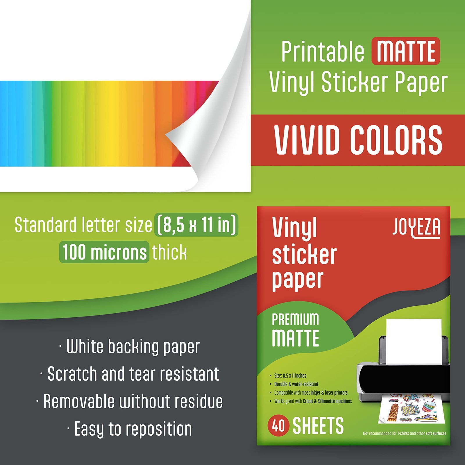 JOYEZA Premium Printable Vinyl Sticker Paper for Inkjet Printer – 40 Sheets M…
