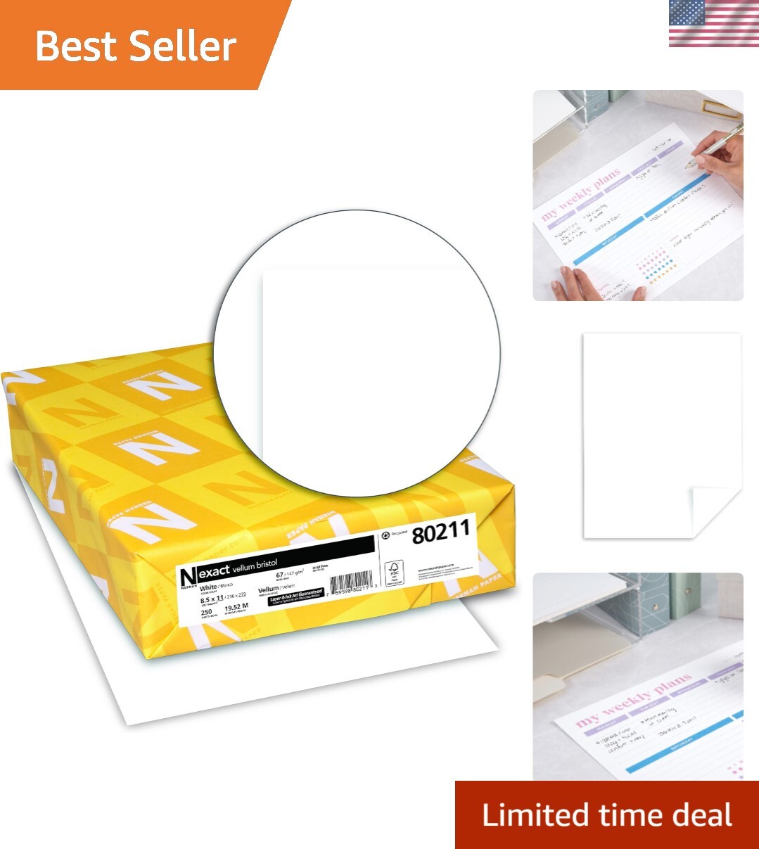 Bright White 67 lb Vellum Bristol Cardstock, 250 Sheets, 8.5″x11″ – Acid-Free