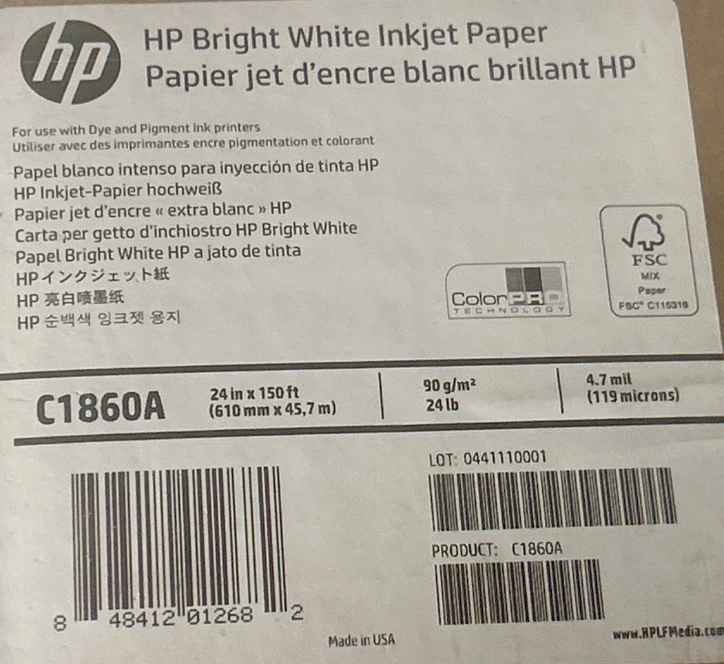 HP C1860A Bright White Inkjet Paper 24″ x 150 ft Roll 4.7 mil – New