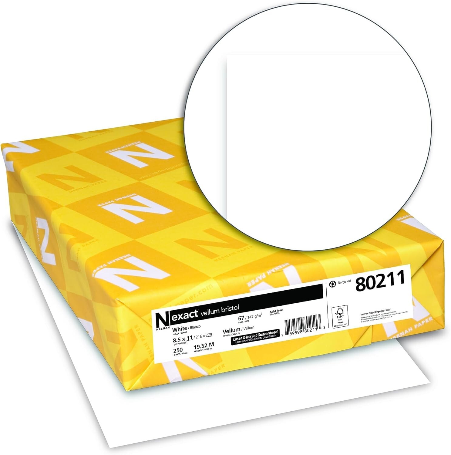 Bright White 67 lb Vellum Bristol Cardstock, 250 Sheets, 8.5″x11″ – Acid-Free