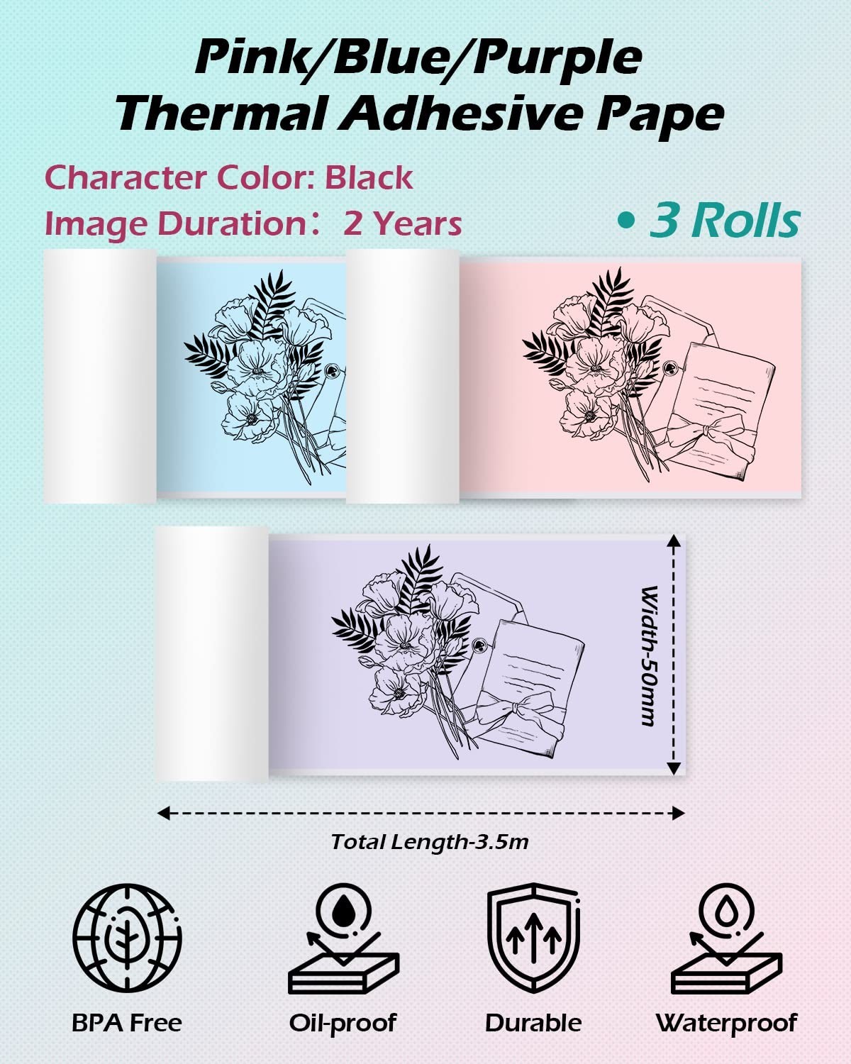Adhesive Thermal Sticker Paper 50mm – Pink/Blue/Purple, 3 Rolls for Mini Printer