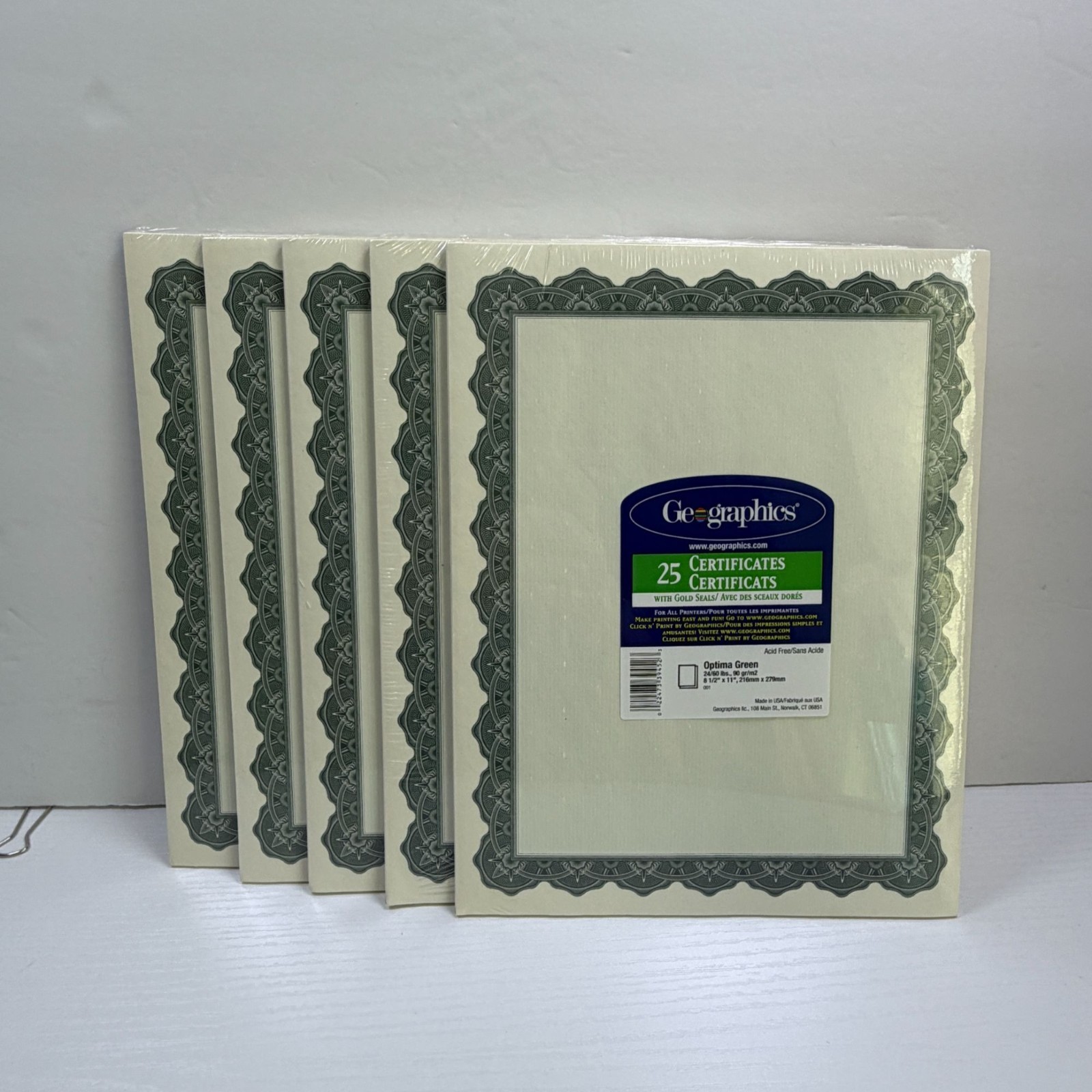 Geographics Certificates Lot of 5 Packs Optima Green + Gold Seals 25 Each Pack