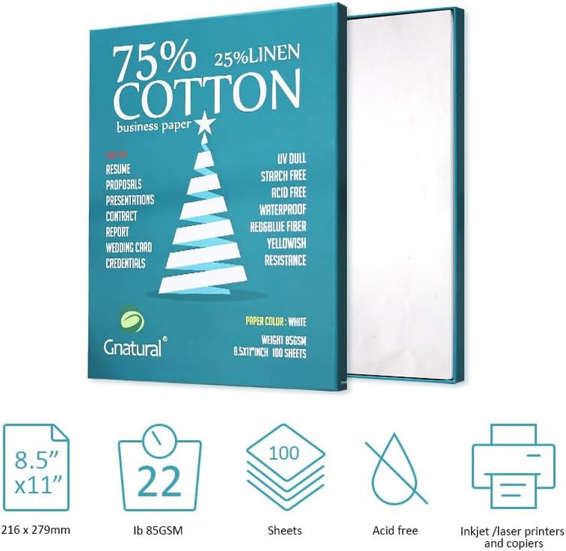 75% Cotton 25% Linen Paper, 85Gsm Inkjet Printing Paper, 8.5″X11″ White Color Re