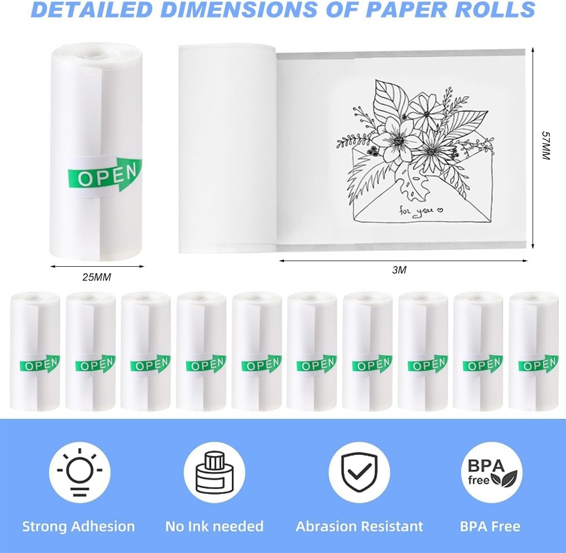 10 Rolls Mini Thermal Printer Sticker Paper 57 x 25mm Self-Adhesive Mini Printer