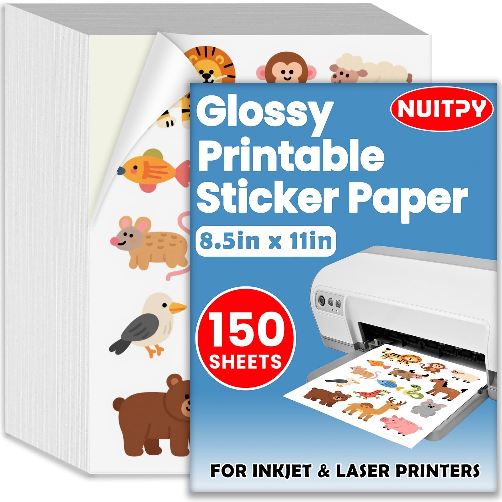 150 Sheets Glossy Sticker Paper 8.5″x11″ for Inkjet & Laser Printers, Quick-Dry