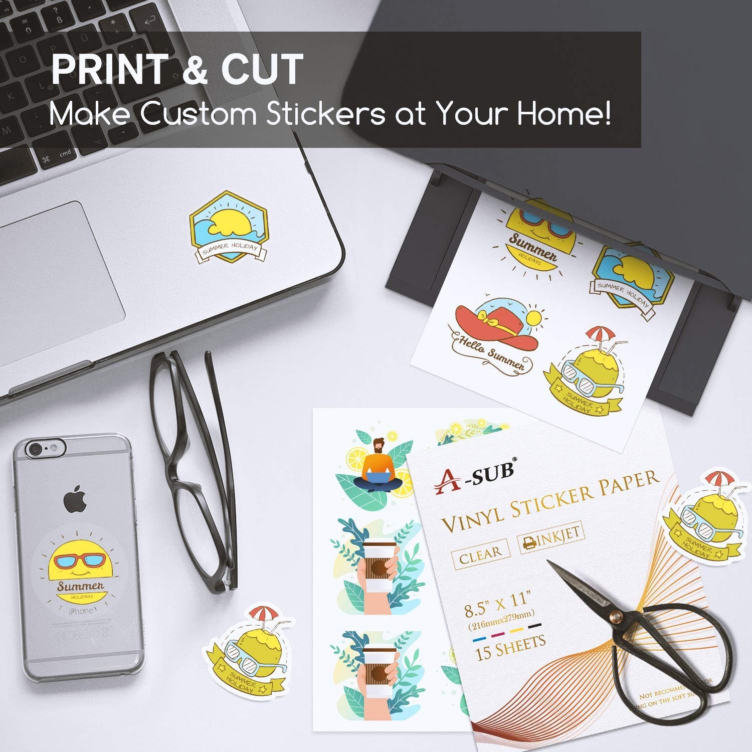 A-SUB Clear Sticker Paper for Inkjet Printers – Waterproof Transparent Printa…