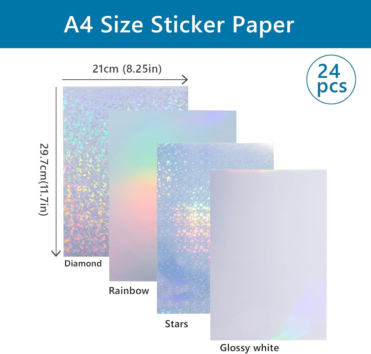 24 Sheets Vinyl Printable Sticker Paper A4 Size 8.25″ x 11.7″ Holographic Glossy