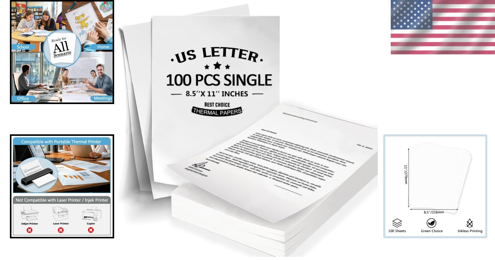 100 Sheets Thermal Printer Paper 8.5 X 11 Inch US Letter Size Thermal Paper