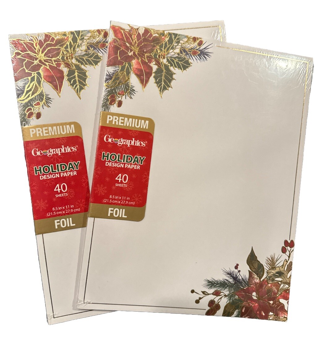 80 Christmas Stationery Computer Paper Foil Poinsettia Holiday NIP