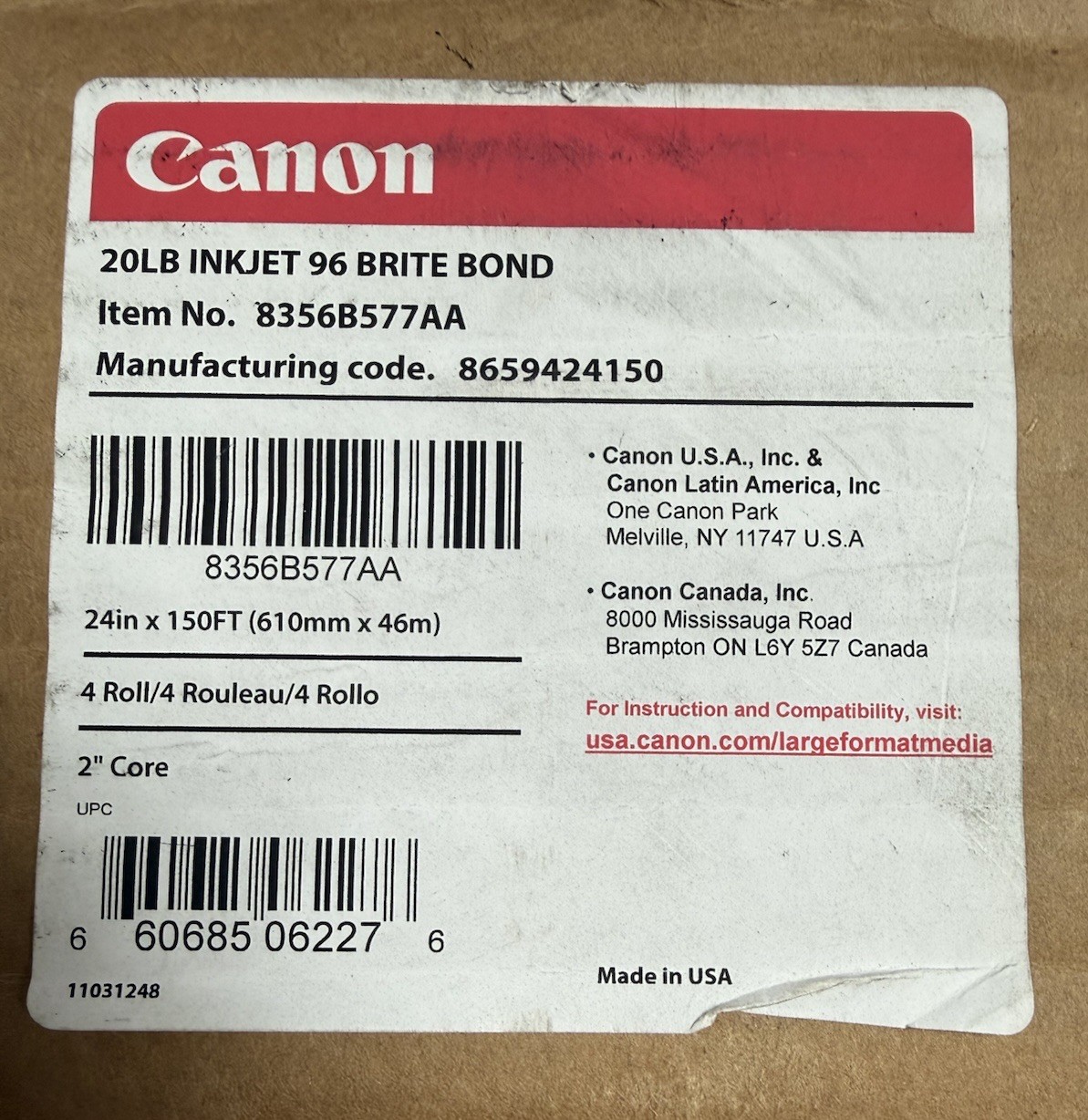 4 New Rolls 24 X 150ft 20LB Canon Inkjet 96 Brite Bond New In Box