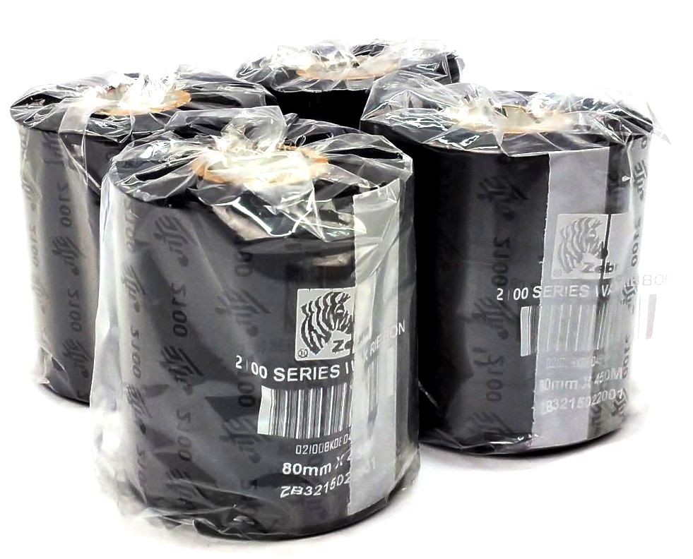 Zebra Wax Ribbons 110mm x 450m 2100 Series Black 02100BK11045 Genuine – 4 Rolls