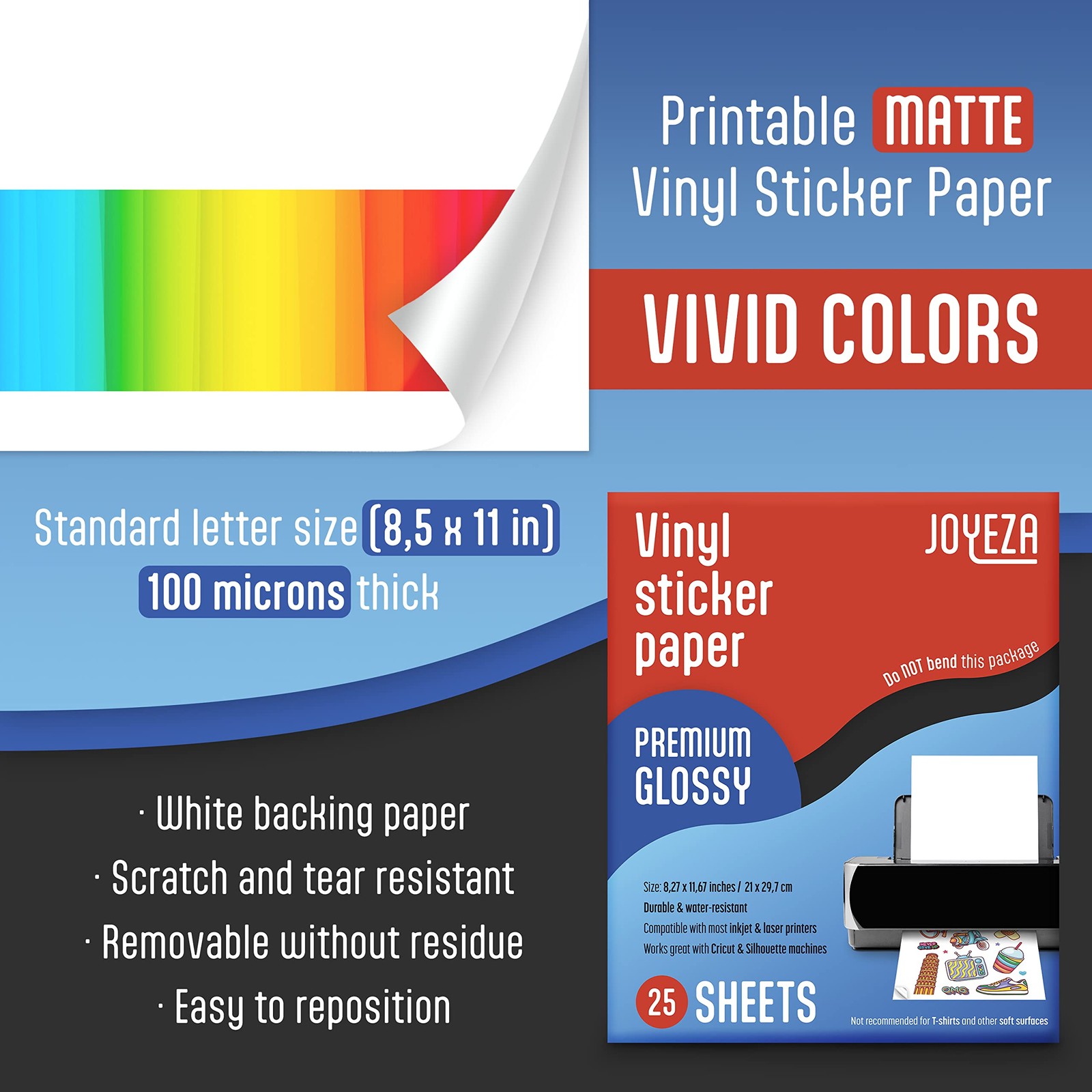 Premium Printable Vinyl Sticker Paper for Inkjet Printer – 25 Sheets Glossy W…