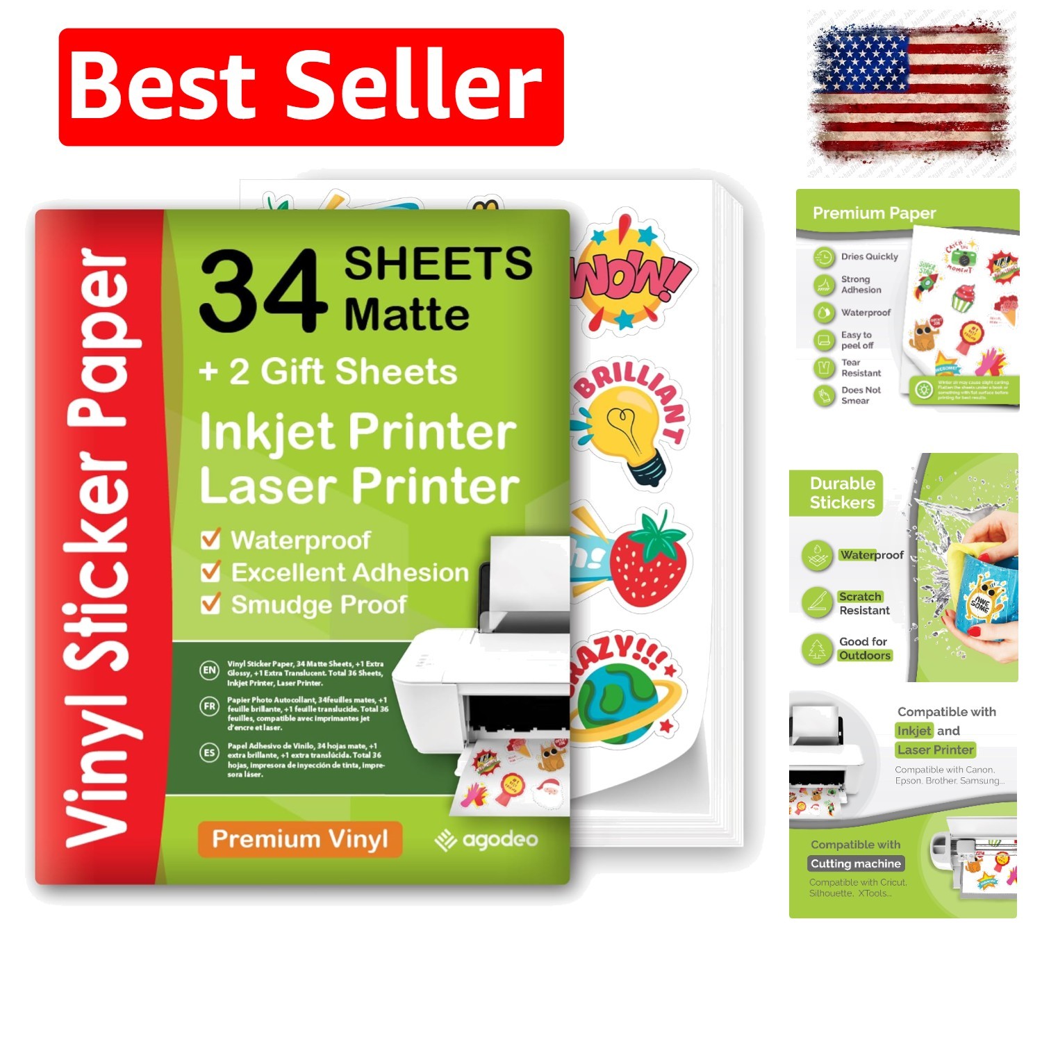 Printable Vinyl Sticker Paper for Inkjet Printer – 34 Sheets Self-Adhesive Sh…