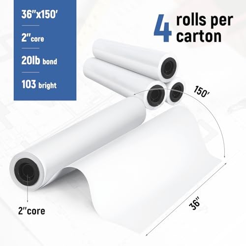 36″ x 150′ Wide Format Plotter Paper, 36 In x 150 Ft | 2″ core 20lb | 4 Rolls