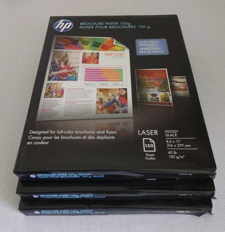 Lot Of 3 HP Laser Brochure Paper 150g 150 SHEETS , GLOSSY