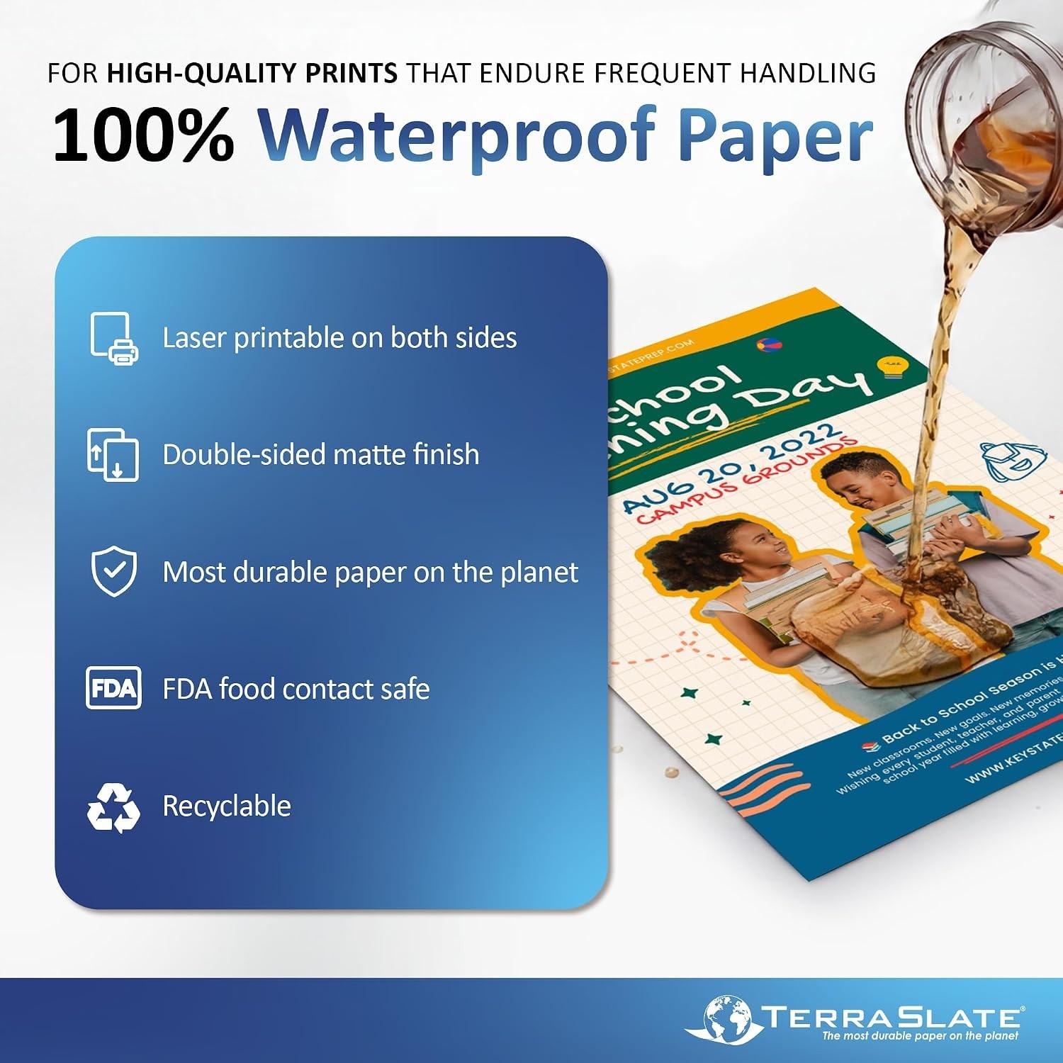 Durable Waterproof Paper for Laser Printers, 25 Sheets, Rip-Proof & Bright White