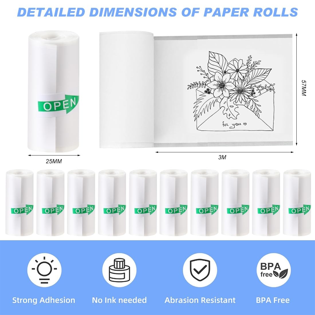 Mini Printer Sticker Paper, 57mm x 3m, 10 Rolls, 3000 Sheets, White, Smooth, …