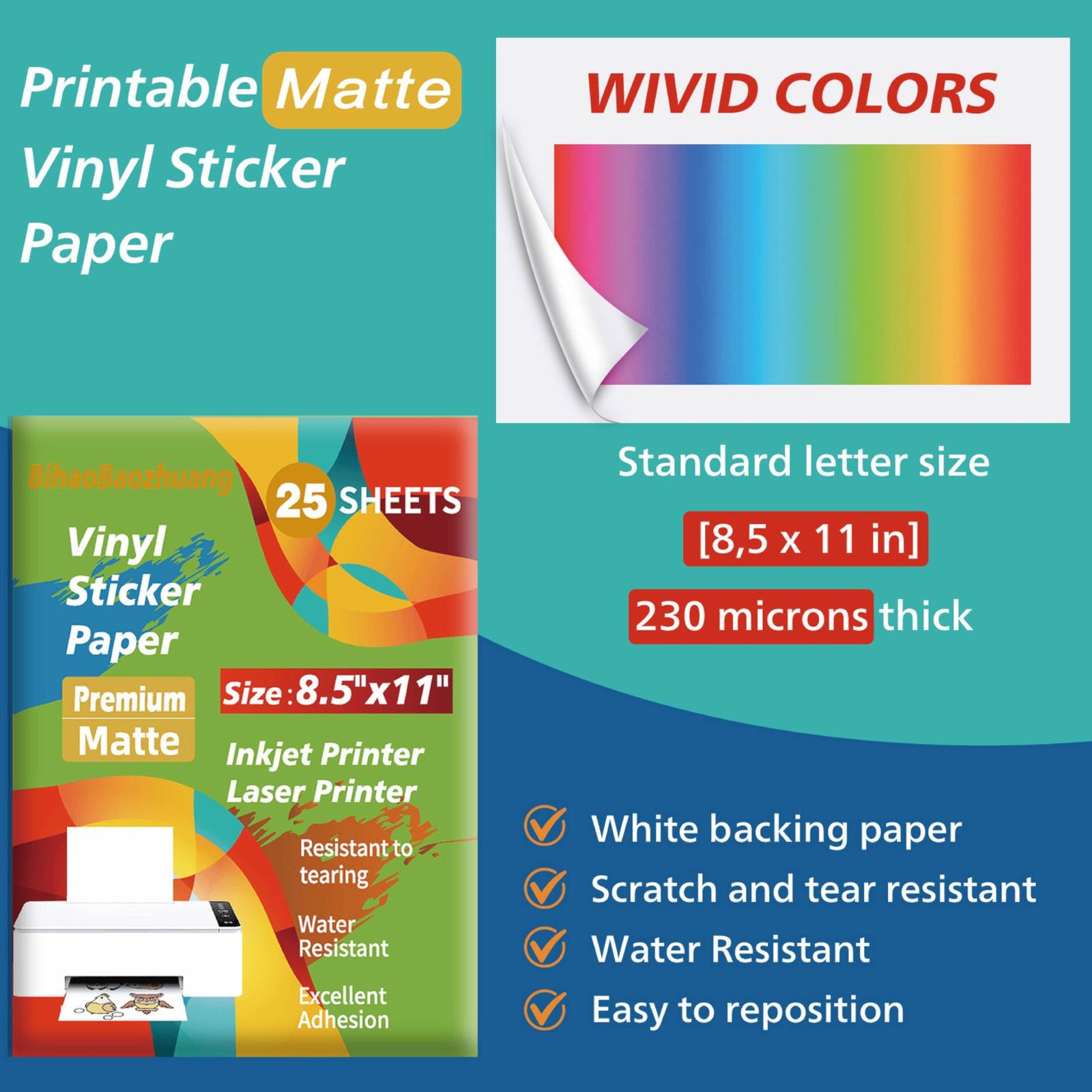 Printable Vinyl Sticker Paper White Inkjet Laser Waterproof Quick Drying 25