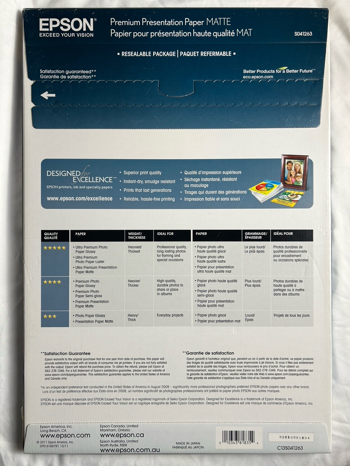 Epson Premium Presentation Paper Matte 13×19 A3+ 167gsm 50 Sheets S041263